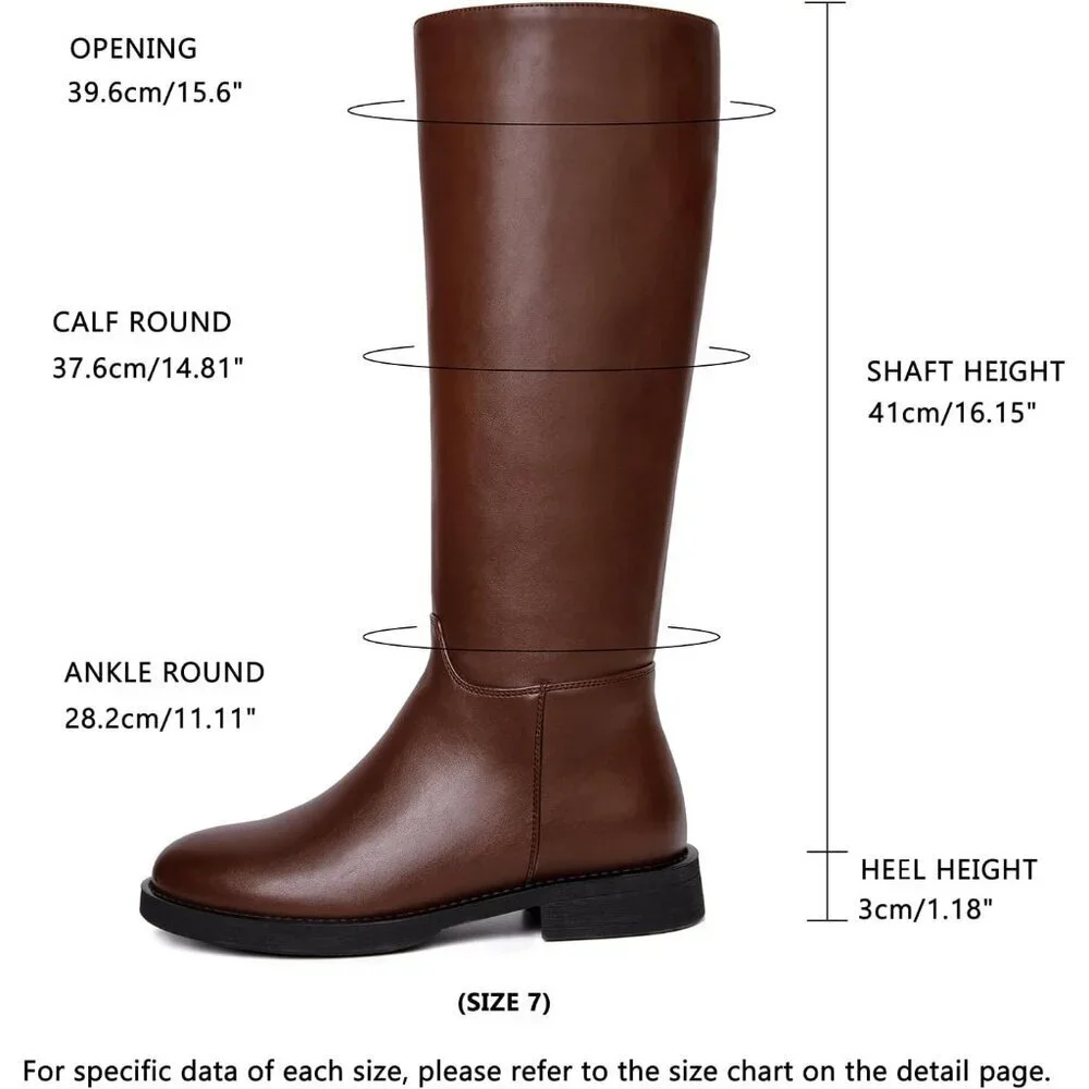 Women's Brown Chunky Low Heels Toe Side Zipper Knee High Boots Rubber
